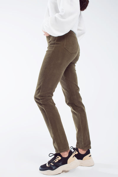 skinny cord pants in olive green