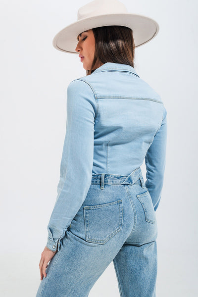 Skinny fit western denim shirt in light wash blue