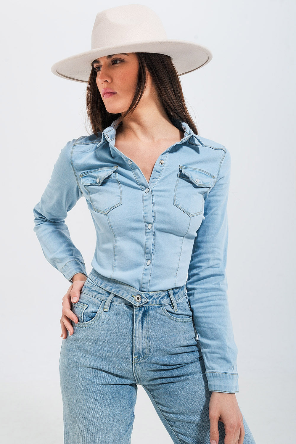 Skinny fit western denim shirt in light wash blue