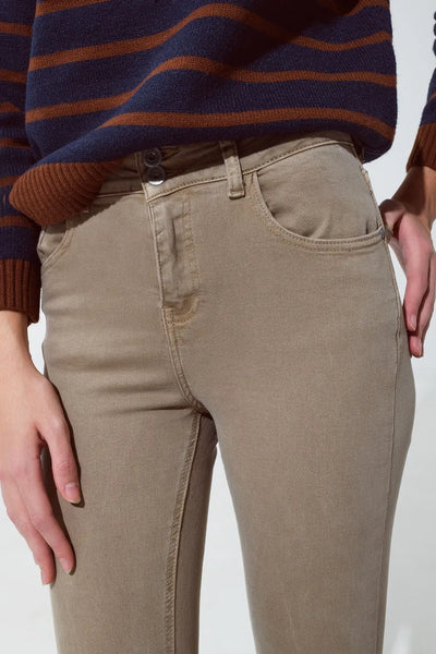 Skinny Flared Jeans With Double Button Detail in Beige - Jeans