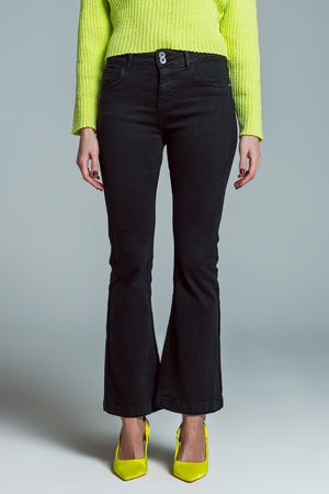 Q2 Skinny Flared Jeans With Double Button Detail in Black