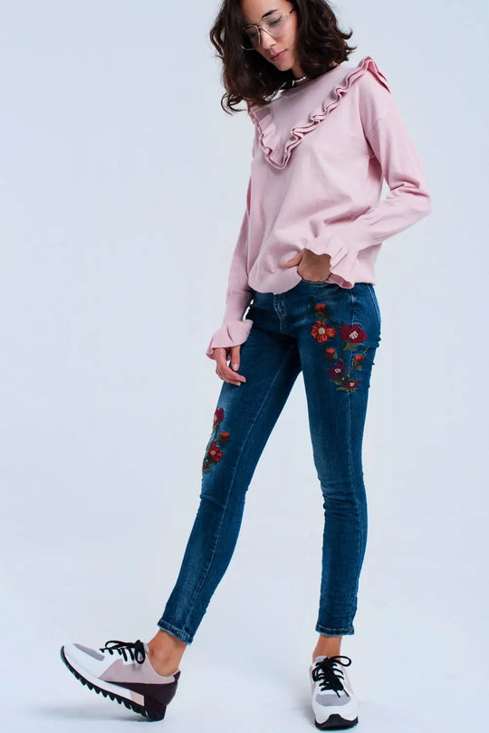 Skinny jean avec fleurs - Pantalons