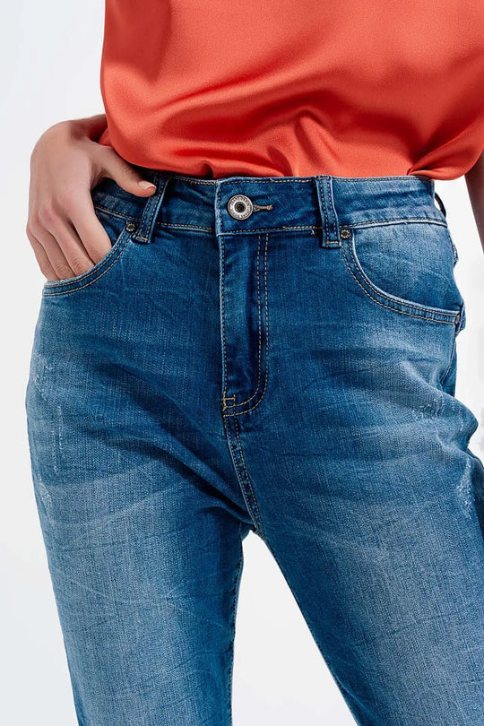 Skinny jeans in wash blue with abrasions - Jeans