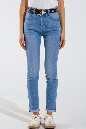 Q2 Skinny jeans in washed blue with strass all over the front