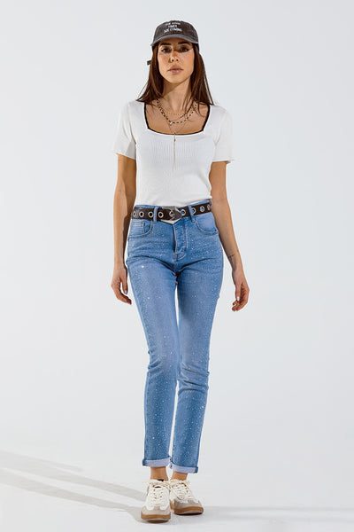 Skinny jeans in washed blue with strass all over the front