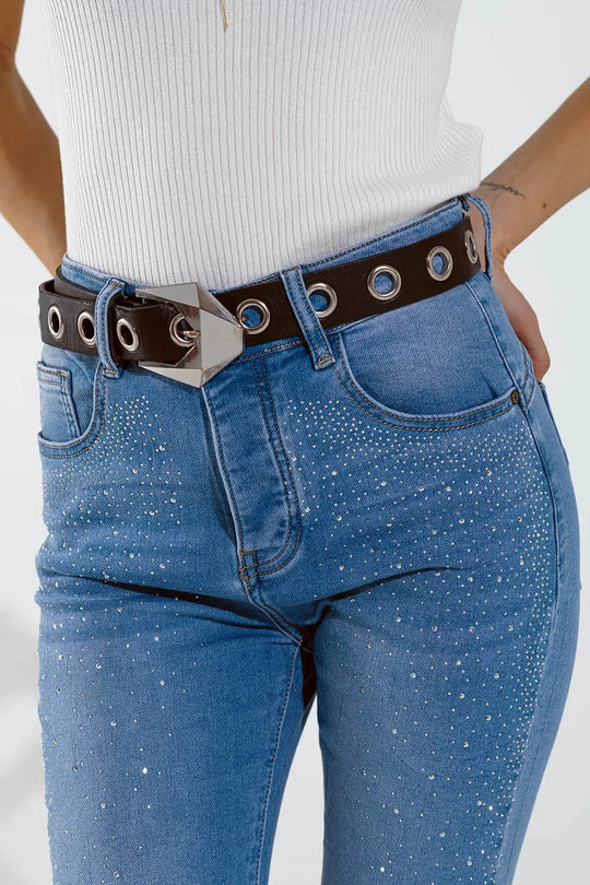 Skinny jeans in washed blue with strass all over the front - Jeans