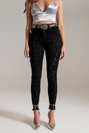 Q2 Skinny Jeans With Embellished Details in Black Wash