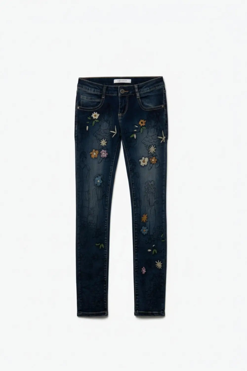 Skinny Jeans With Multicolor Embroidered Flowers - Jeans
