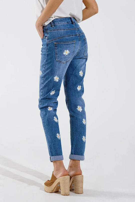 Skinny Jeans With Printed White Daisys In Mid Wash - Jeans