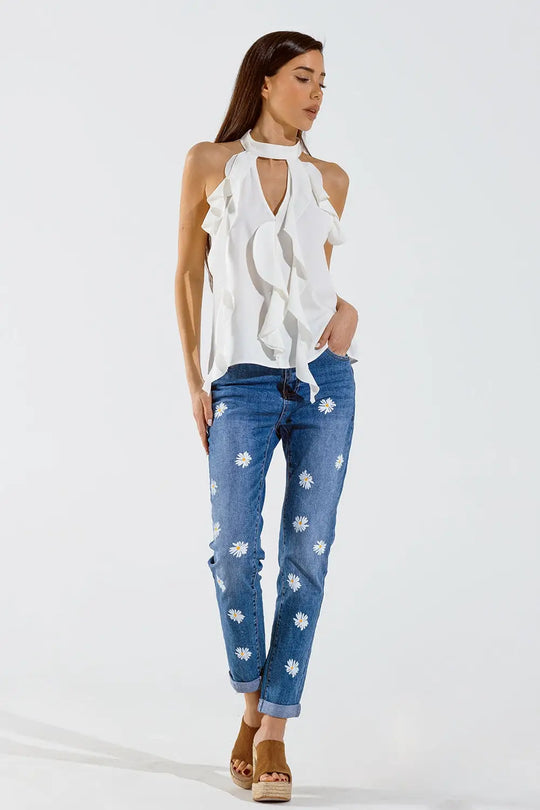 Skinny Jeans With Printed White Daisys In Mid Wash - Jeans