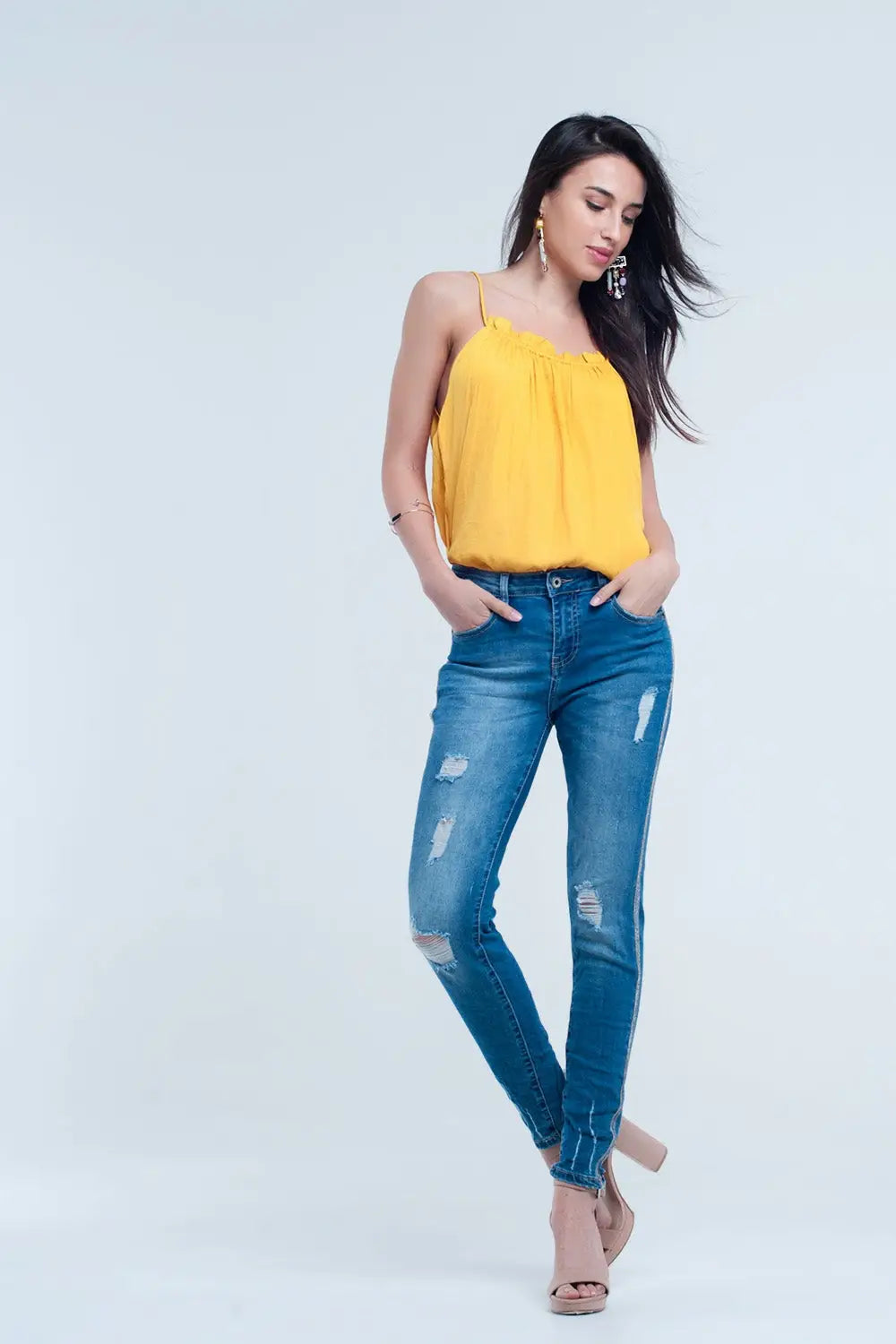 Skinny jeans with rips and glitter line - Jeans