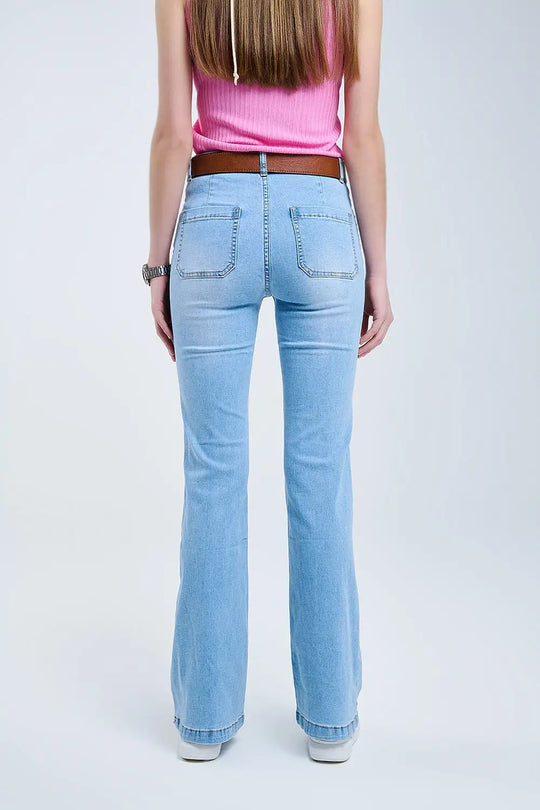 Skinny Light Wash Flare Jeans With Front Pockets - Jeans