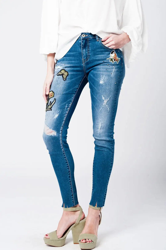 Skinny rip jeans with embroidered patches - Jeans