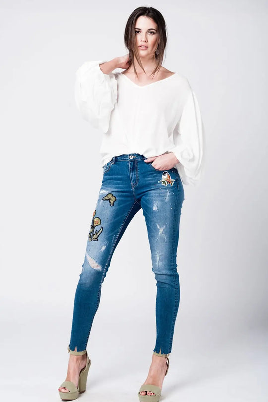 Skinny rip jeans with embroidered patches - Jeans