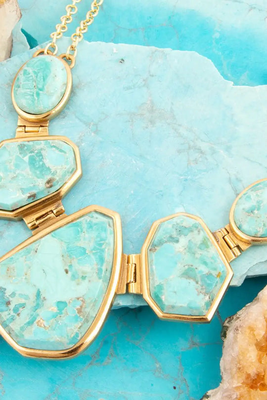 Slabs of Blue Turquoise Golden Statement Necklace - Necklaces