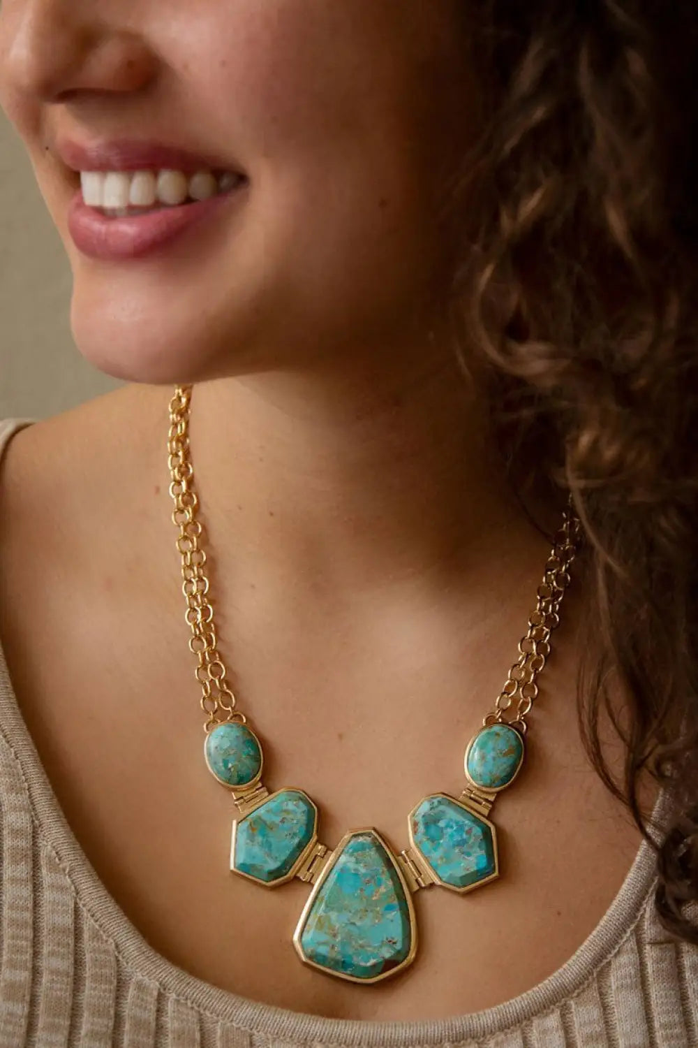 Slabs of Blue Turquoise Golden Statement Necklace - Necklaces