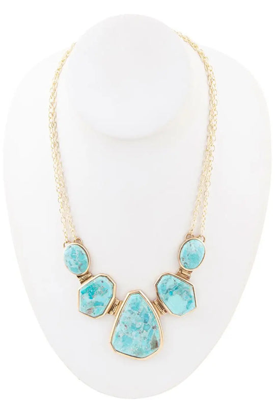 Slabs of Blue Turquoise Golden Statement Necklace - Necklaces
