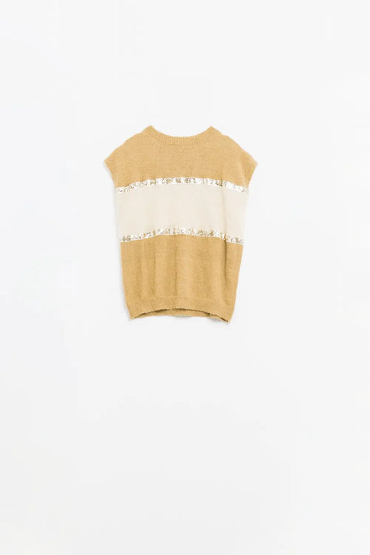 Sleeveless beige sweater with sequin detail - One Size / Brown - Sweaters
