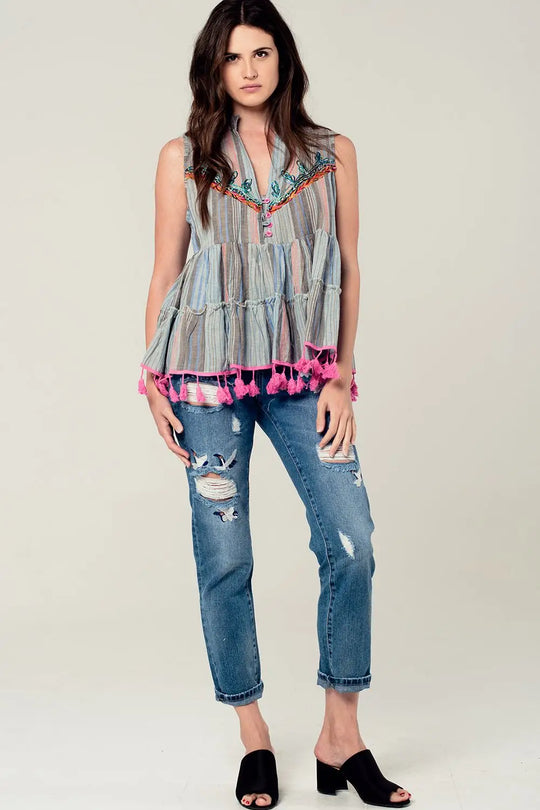Sleeveless blouse with tassels and embroidery in grey - Shirts
