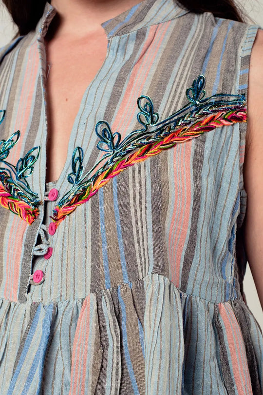 Sleeveless blouse with tassels and embroidery in grey - Shirts
