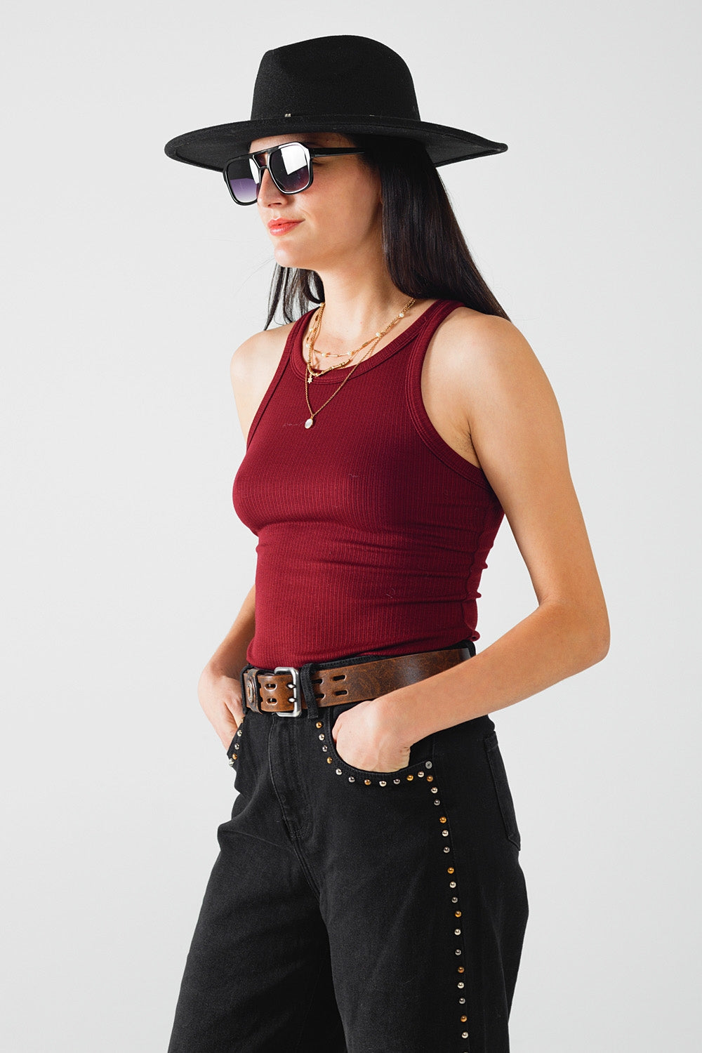 Sleeveless Burgundy Ribbed Top