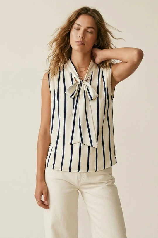 Sleeveless Cream Stripe satin Fabric Top with Bow Neck - Shirts
