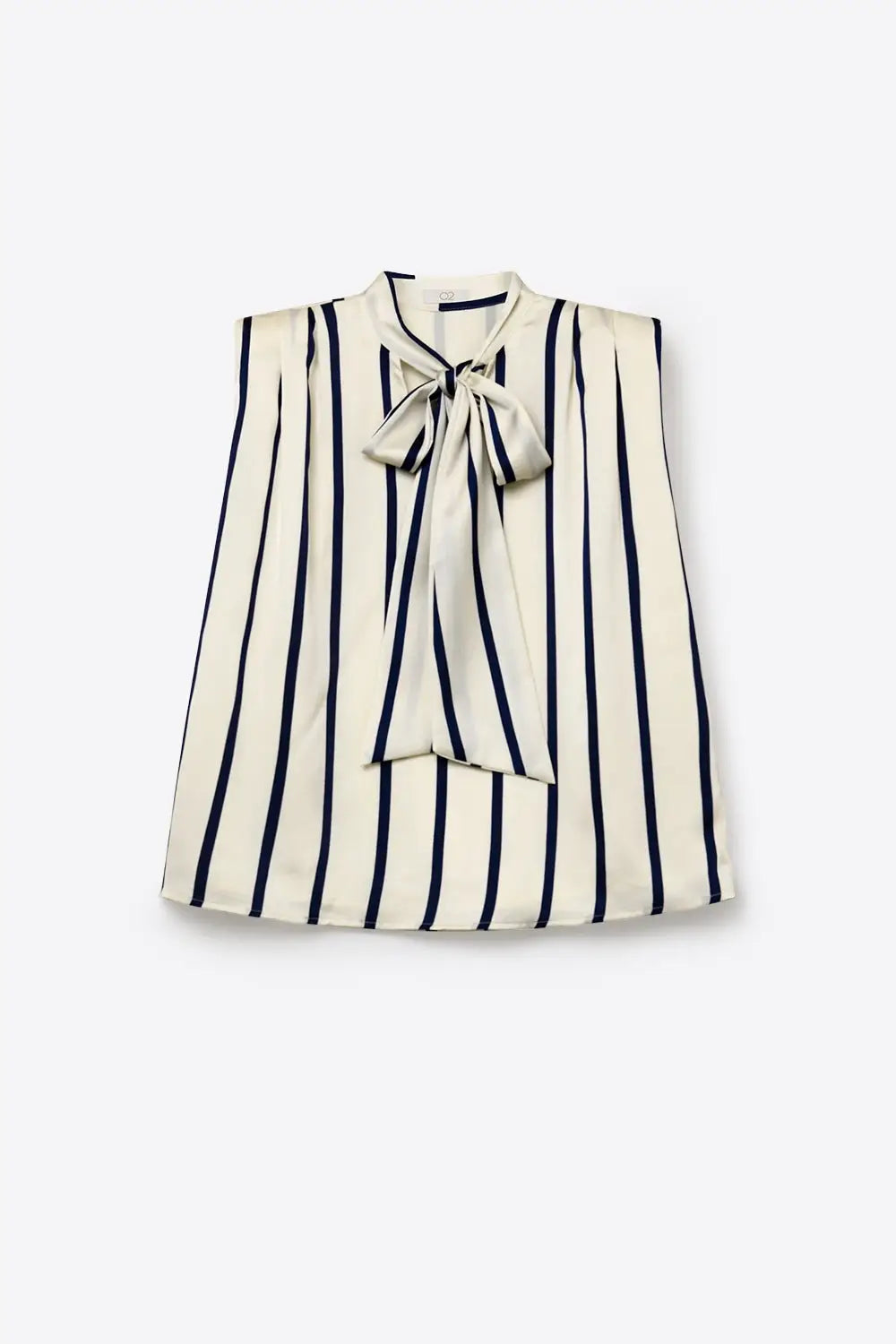 Sleeveless Cream Stripe satin Fabric Top with Bow Neck - Shirts