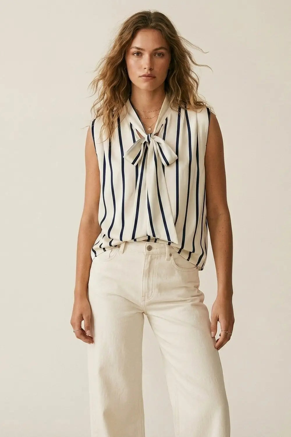 Sleeveless Cream Stripe satin Fabric Top with Bow Neck - Shirts