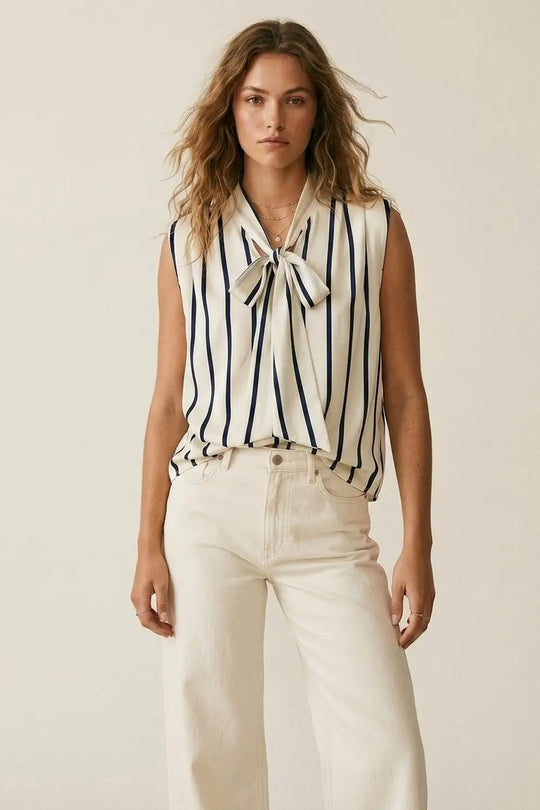 Sleeveless Cream Stripe satin Fabric Top with Bow Neck - Shirts