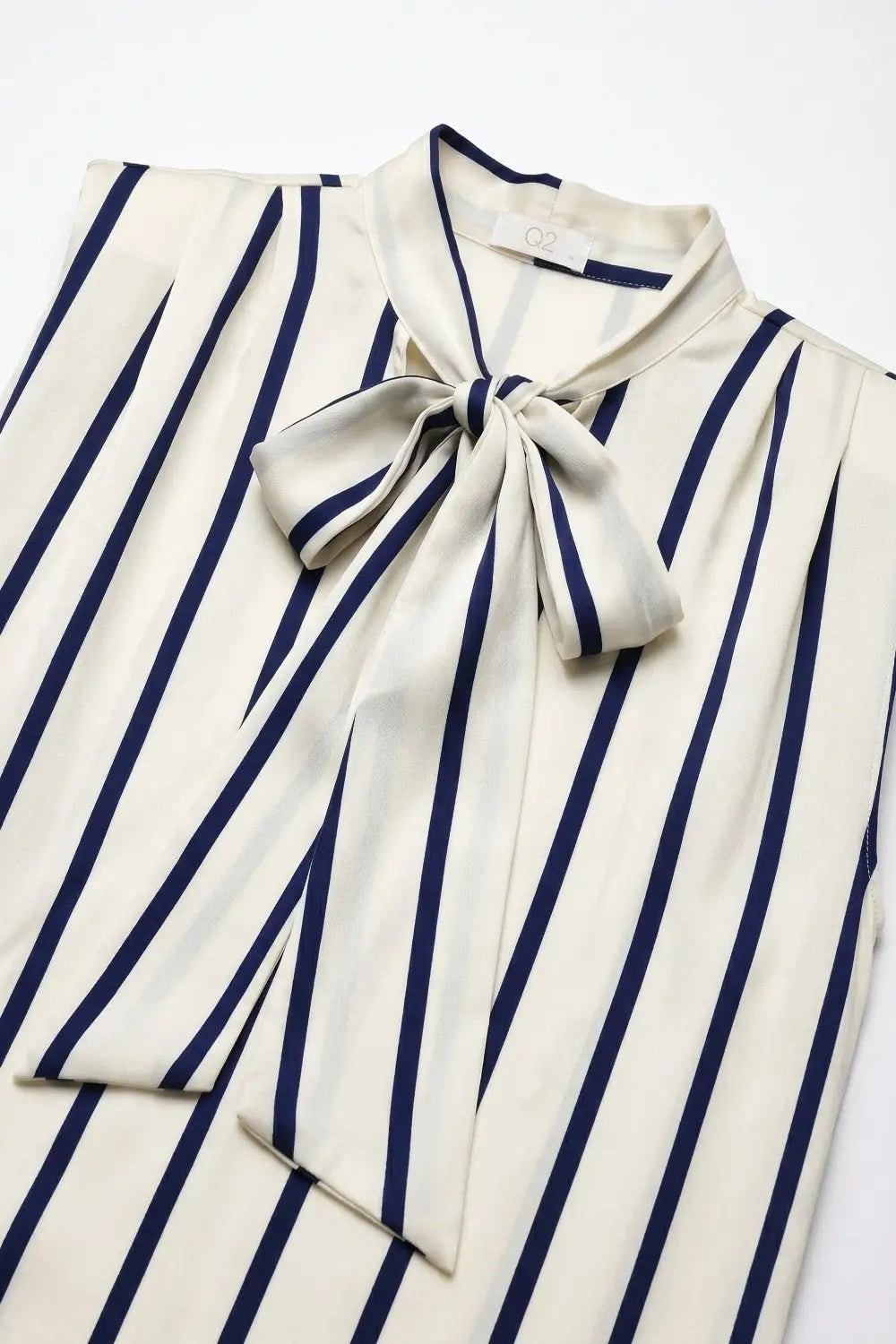 Sleeveless Cream Stripe satin Fabric Top with Bow Neck - Shirts