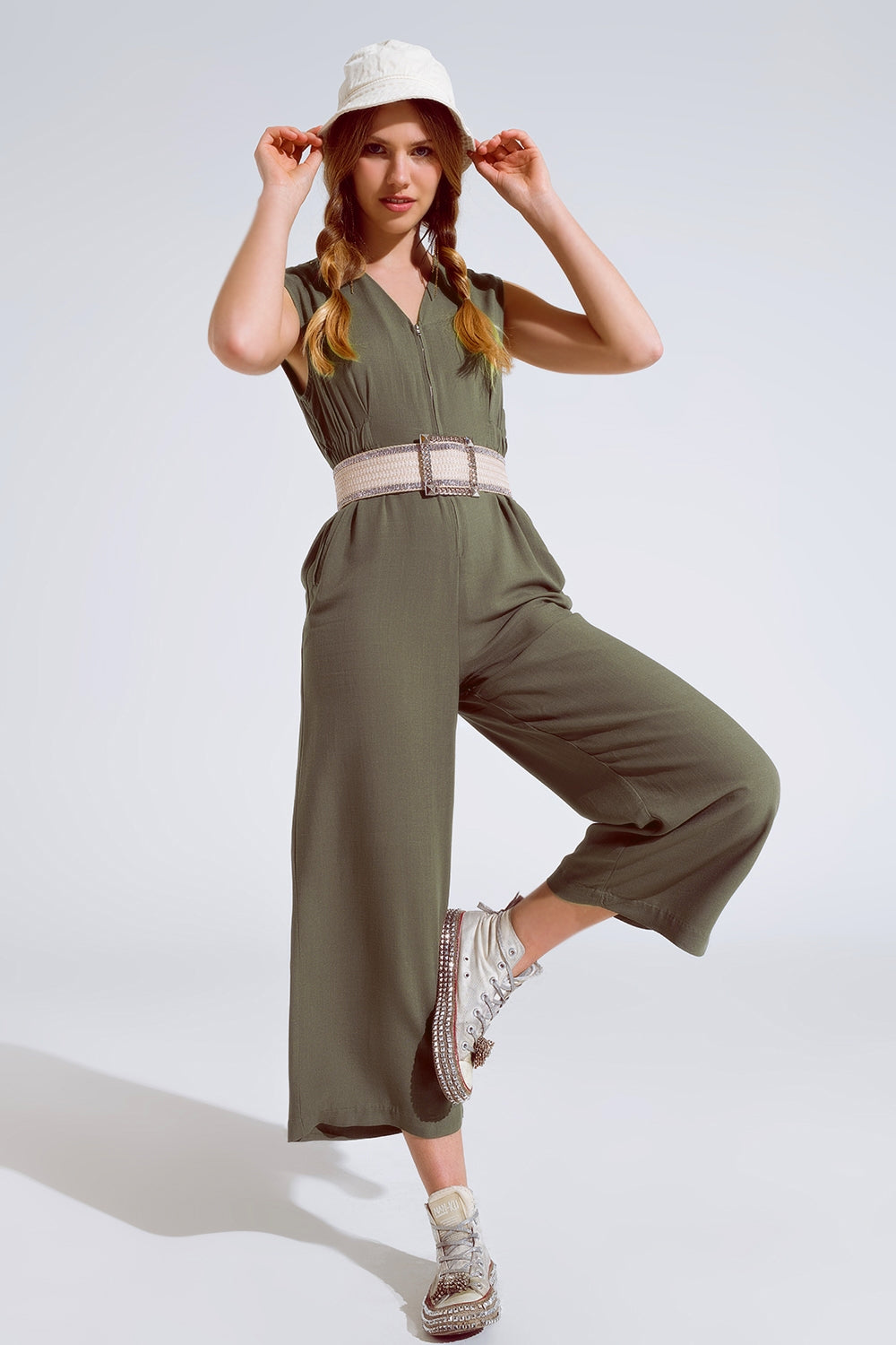 Sleeveless Jumpsuit with zipper detail and belt in khaki