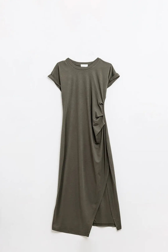 Sleeveless khaki stretch tencel dress - Dresses