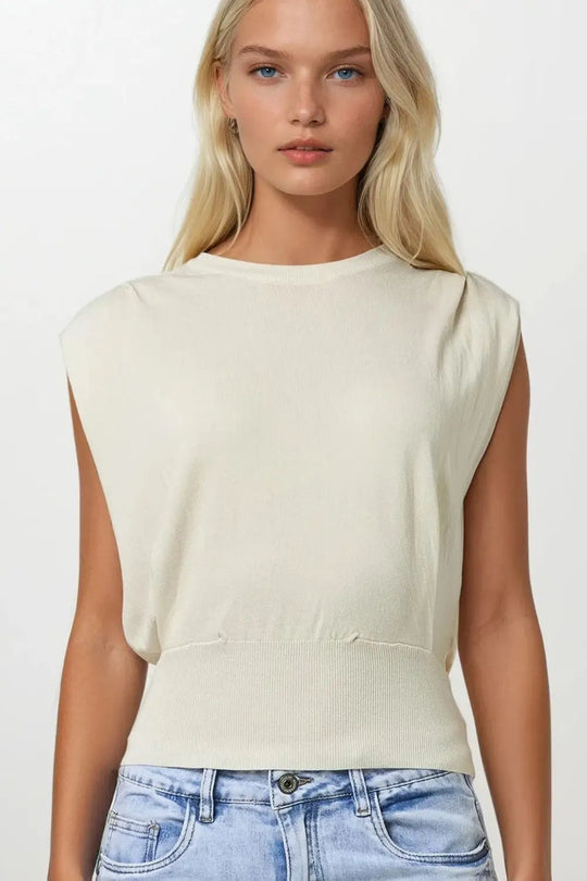 Q2 Sleeveless Knited Top With Shoulder Drape in Beige