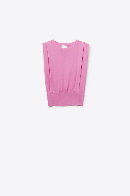 Q2 Sleeveless Knited Top With Shoulder Drape in Fuchsia