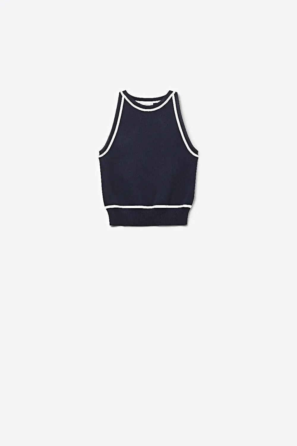 Q2 Sleeveless Knitted top In navy Featuring detail white Lines