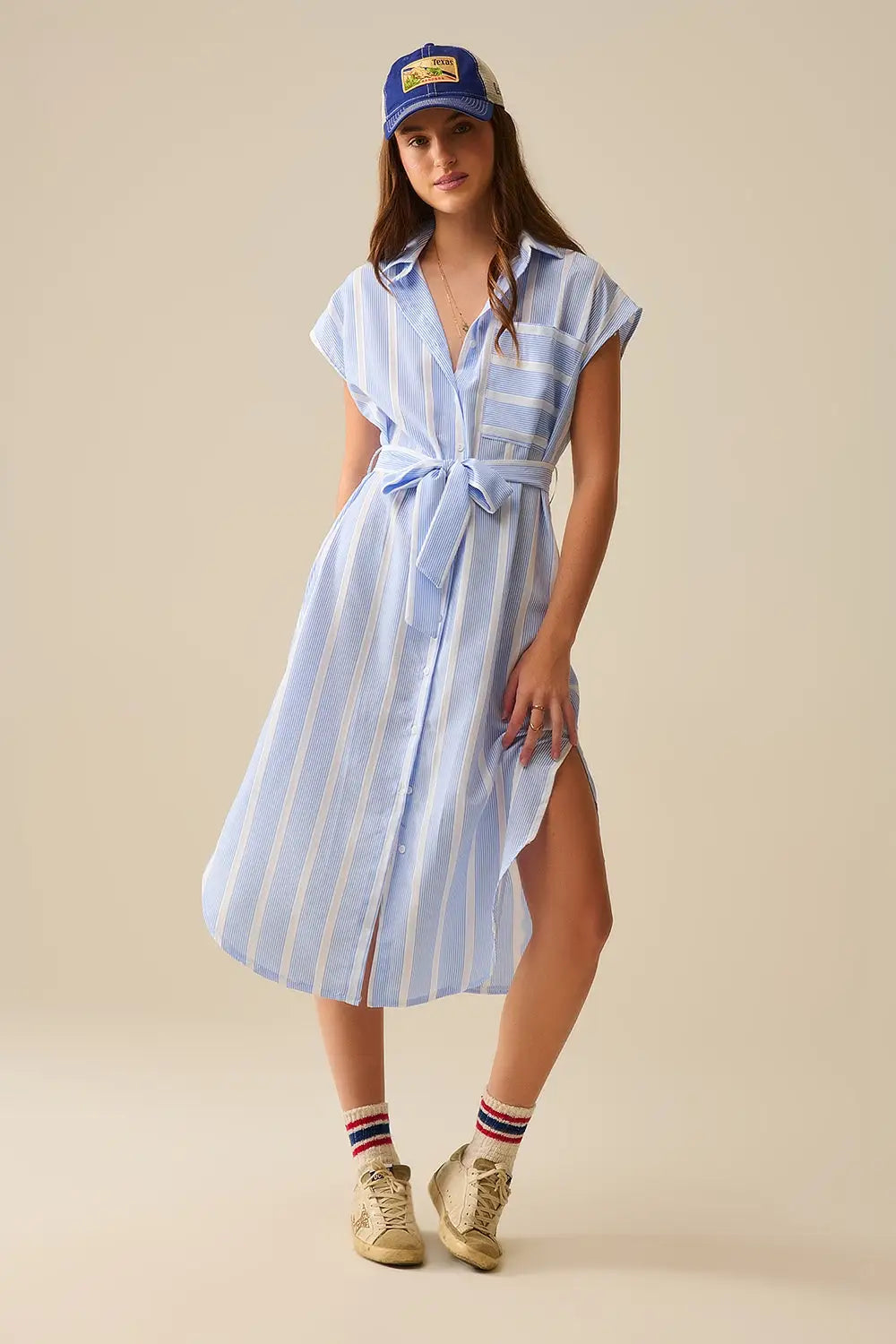 Q2 Sleeveless maxi Shirt Dress in Blue and White Stripes