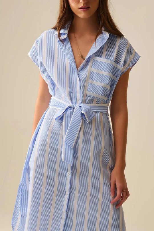 Sleeveless maxi Shirt Dress in Blue and White Stripes - Dresses