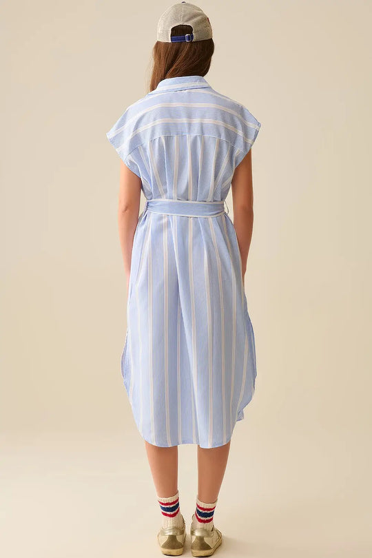 Sleeveless maxi Shirt Dress in Blue and White Stripes - Dresses