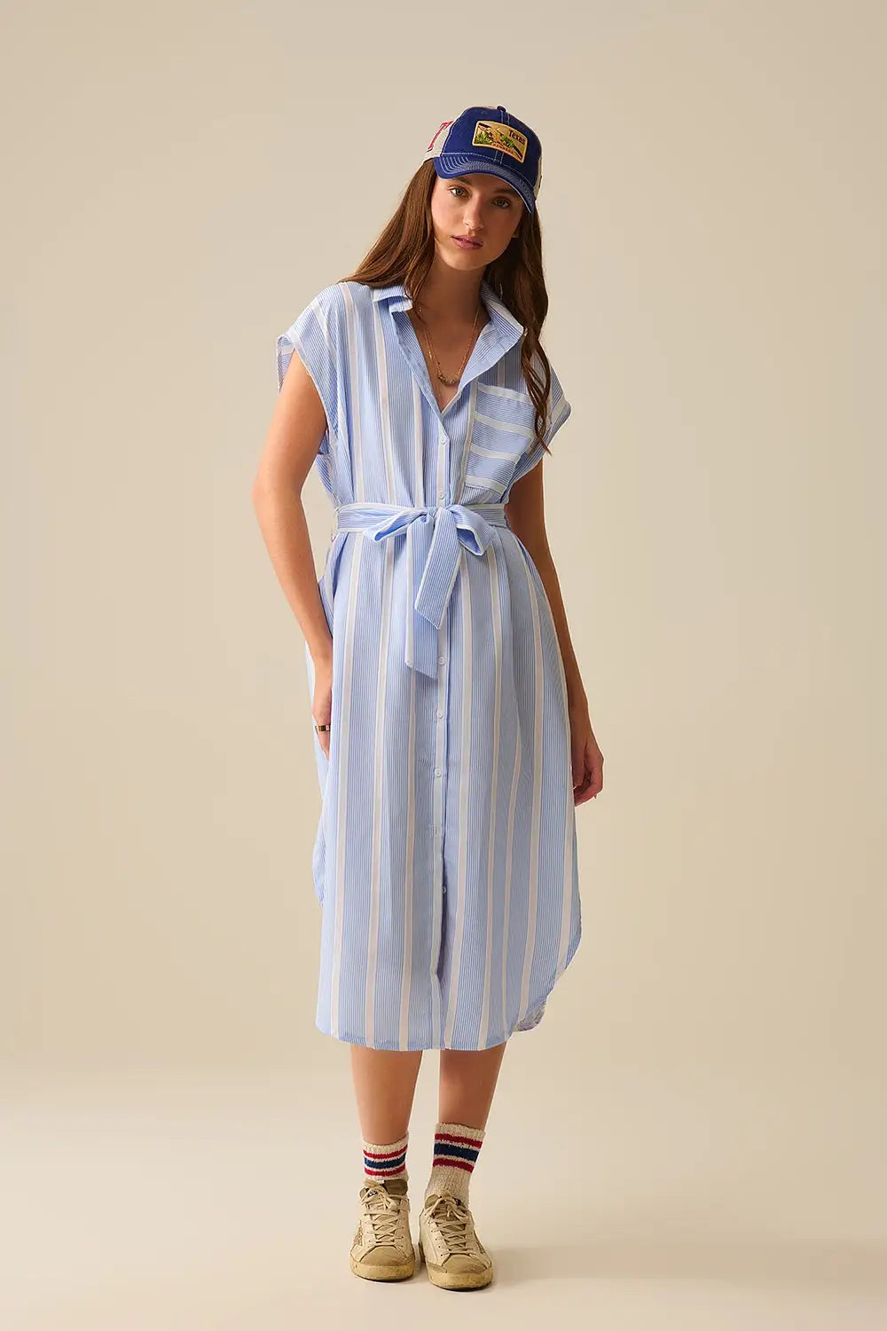 Sleeveless maxi Shirt Dress in Blue and White Stripes - Dresses