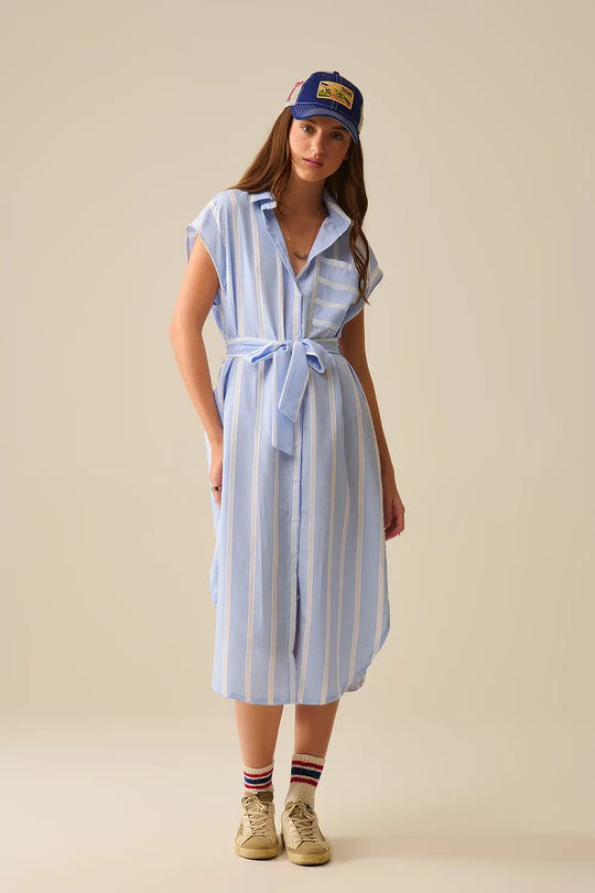 Sleeveless maxi Shirt Dress in Blue and White Stripes - Dresses