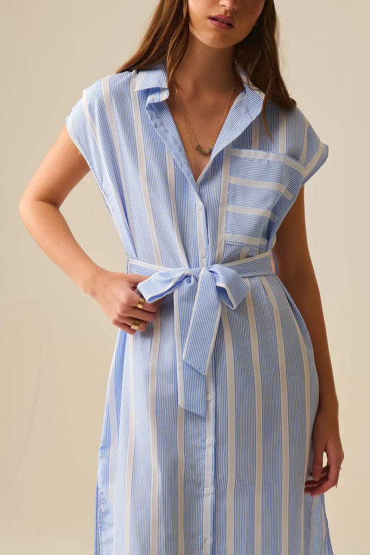 Sleeveless maxi Shirt Dress in Blue and White Stripes - Dresses