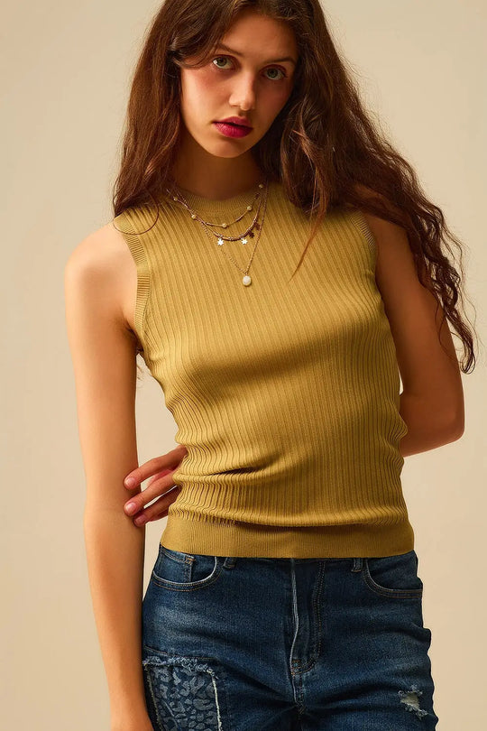 Sleeveless Ribbed knitted Top In camel - One Size / Blue - Sweaters