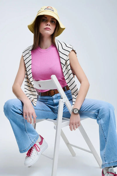 Q2 Sleeveless Ribbed knitted Top In Pink