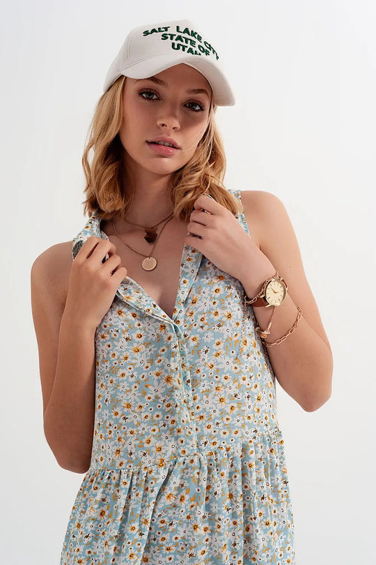 Sleeveless shirt dress in blue floral print - Dresses