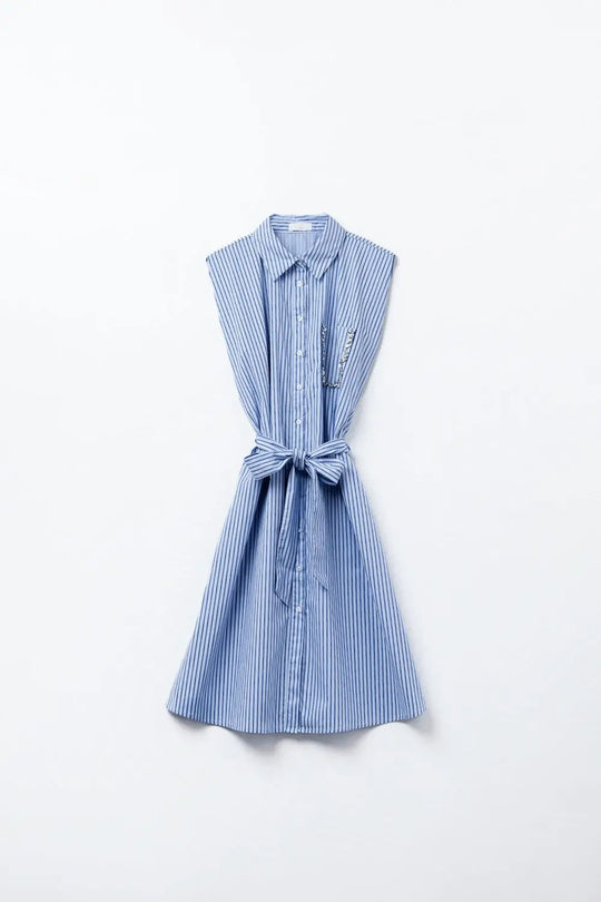 Sleeveless Shirt Dress With Belt And Embroidered Pocket - Dresses