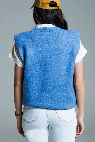 Sleeveless sweater in blue with silver sequin hearts