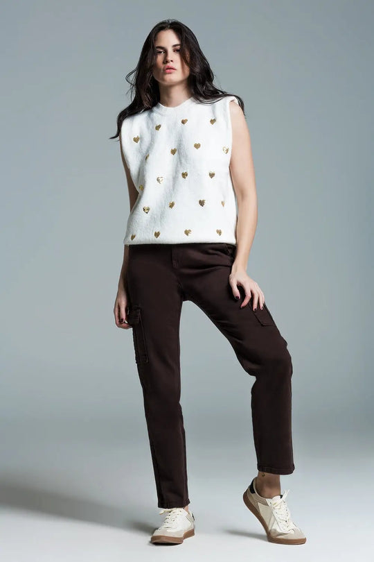 Sleeveless sweater in white with silver sequin hearts - One Size / White - Sweaters