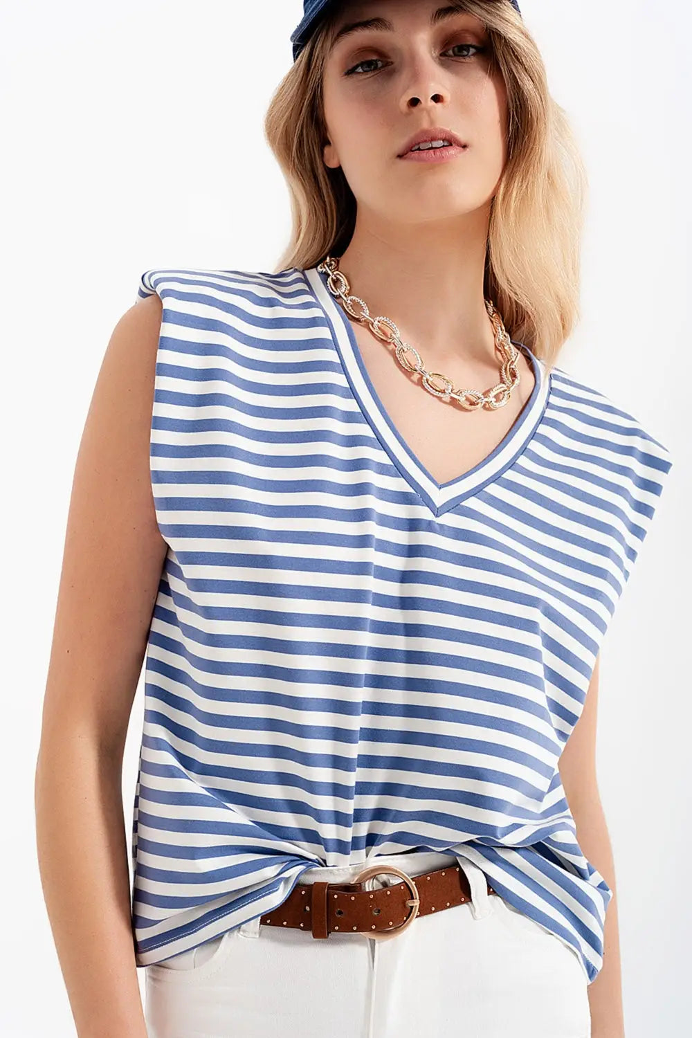 sleeveless t-shirt with shoulder pad in blue stripe - Tops