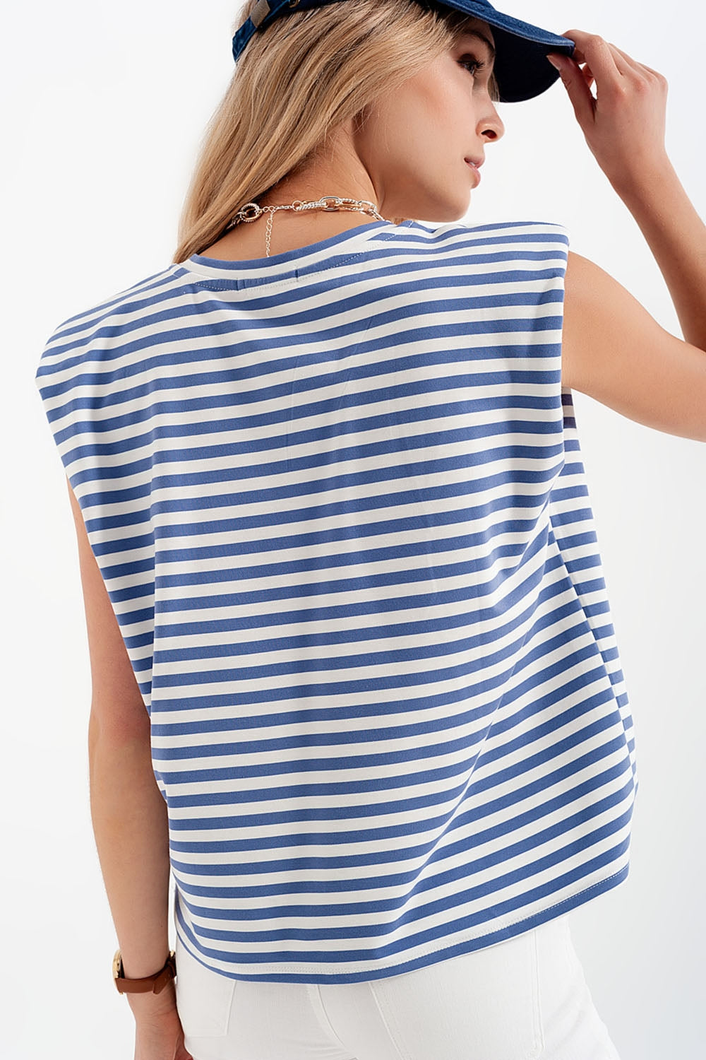 sleeveless t-shirt with shoulder pad in blue stripe