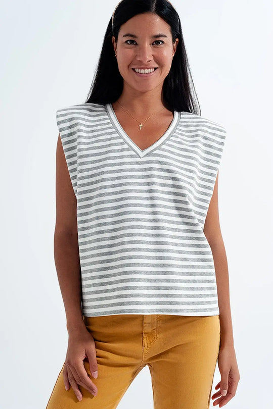 Sleeveless t shirt with shoulder pad in gray stripe - Tops